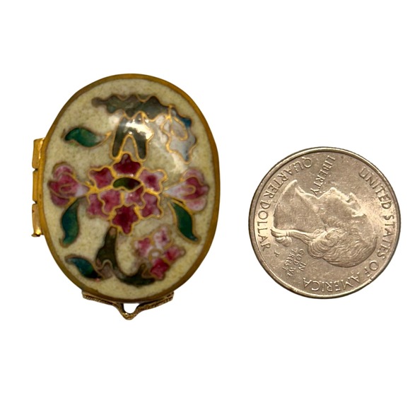 Vintage 60s Cloisonne Enamel Pill Box Locket Trinket Box Floral Hinged Gold Tone - Picture 5 of 7